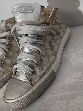 Coach Metallic Silver Monogram High-Top Sneakers